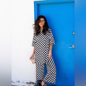 LALA ORIGINAL: Lex Ribbed Playsuit in Checkerboard